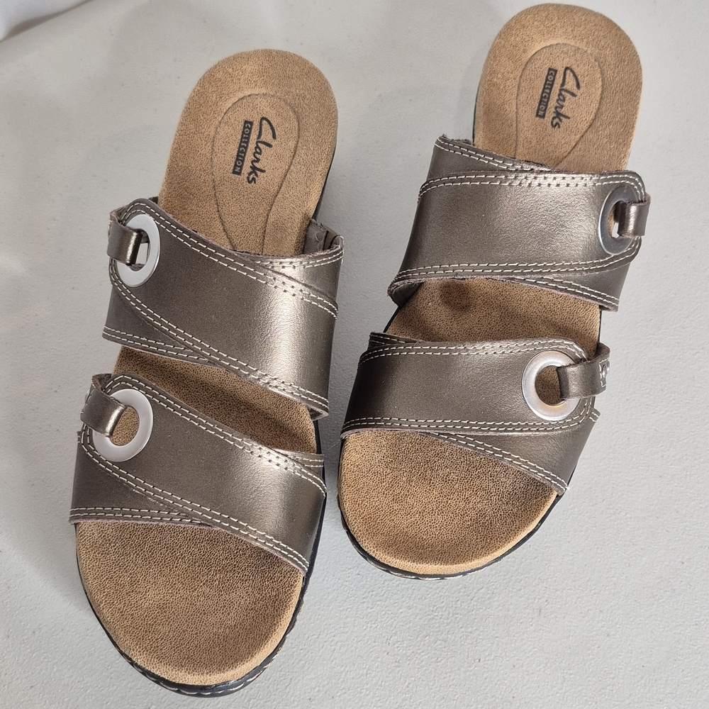 Clarks Collection Hayla Acadia Pewter Metallic Leather Slide Sandal - Size 8.5
